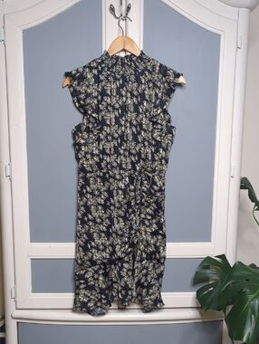 Sam Edelman Black Daisy Floral Ruffle Midi Dress Size 2